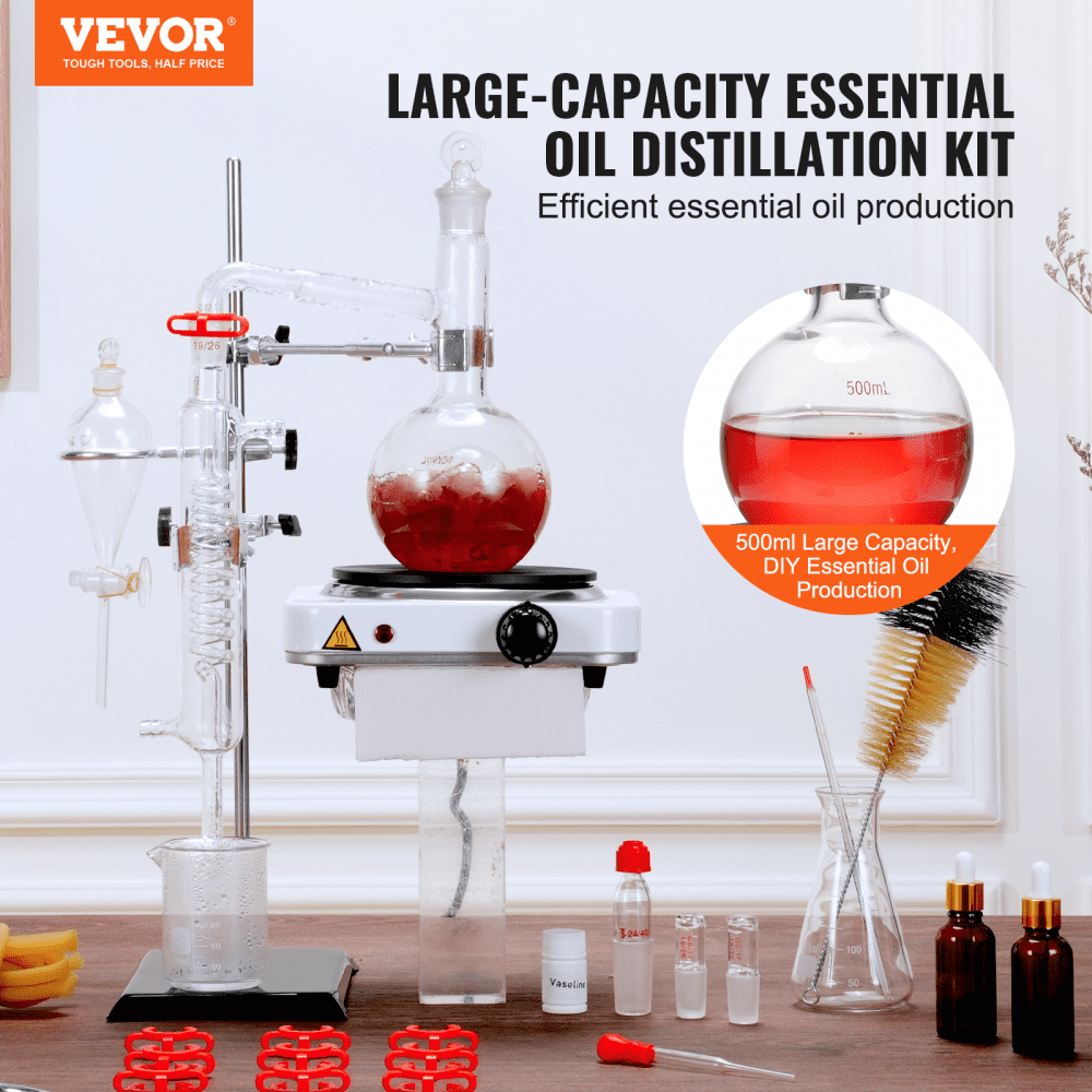 VEVOR destillasjonssett for essensiell olje, 500 ml destillasjonsapparat, 3,3 Boro destillasjonssett for laboratorieglass med 1000 W varmeplate og 24 40 ledd, sett med 33 deler