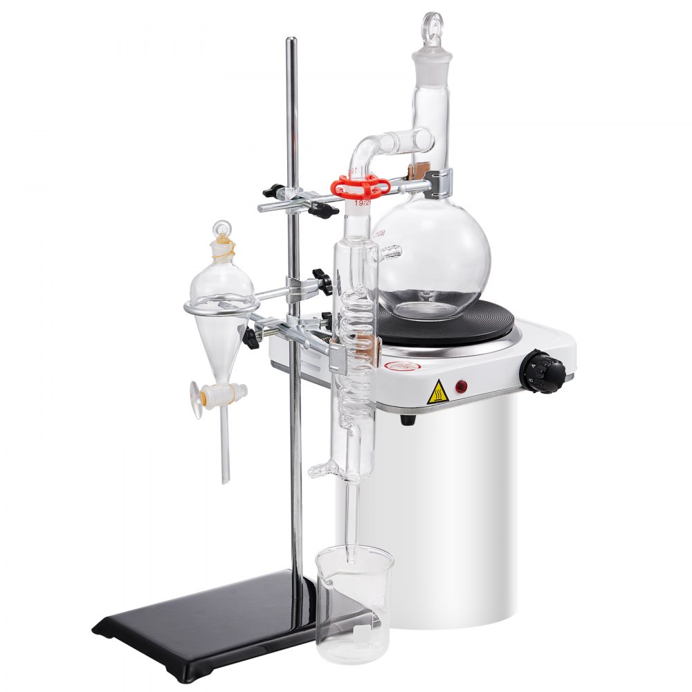 VEVOR destillasjonssett for essensiell olje, 500 ml destillasjonsapparat, 3,3 Boro destillasjonssett for laboratorieglass med 1000 W varmeplate og 24 40 ledd, sett med 33 deler
