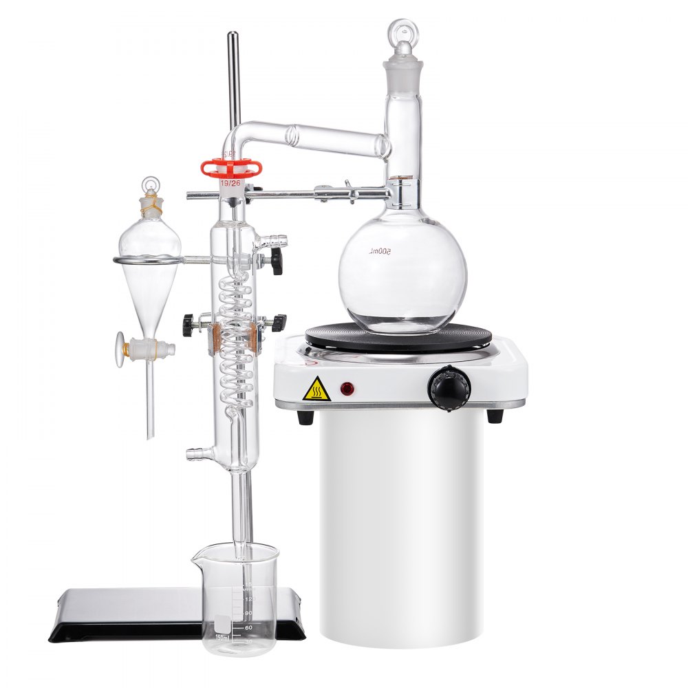 VEVOR destillasjonssett for essensiell olje, 500 ml destillasjonsapparat, 3,3 Boro destillasjonssett for laboratorieglass med 1000 W varmeplate og 24 40 ledd, sett med 33 deler
