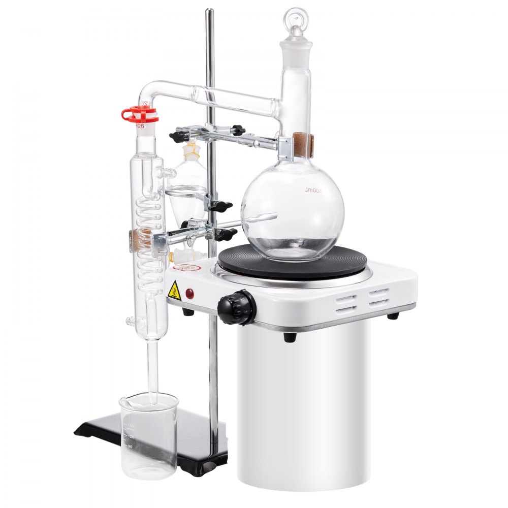 VEVOR destillasjonssett for essensiell olje, 500 ml destillasjonsapparat, 3,3 Boro destillasjonssett for laboratorieglass med 1000 W varmeplate og 24 40 ledd, sett med 33 deler