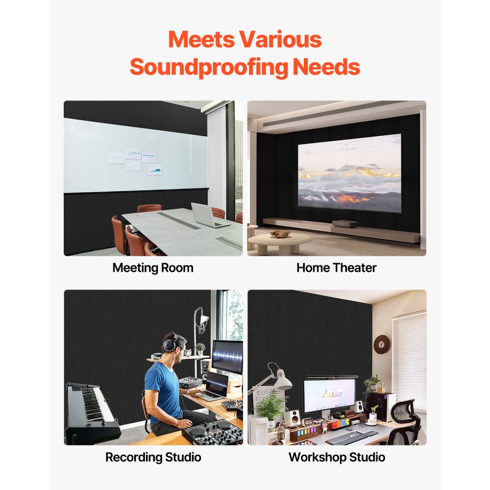 VEVOR 5-pakning akustiske paneler med selvklebende lydisolerende skumpaneler av polyesterfiber med høy tetthet, for hjem, studio, kontor, kino, svart