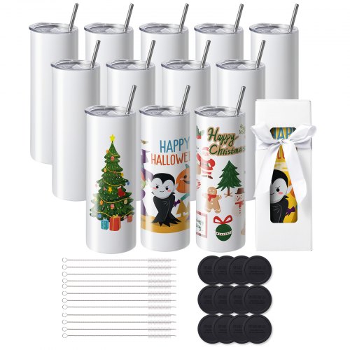 VEVOR 12-paknings rette sublimeringsbeholdere, 591,5 ml blanke tumbler i bulk, rustfritt stål doble veggglass med sugerør, lokk, børste, bunn, krympepapir, gaveeske, for varmepress og varmeoverføring