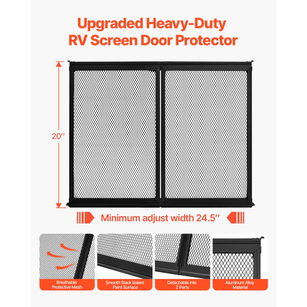VEVOR RV-skjermdørbeskytter, 622,3 x 508 mm dørgitter, enkel å installere og demontere, forsterket pustende beskyttelsesnett, aluminiumslegering campingvogn inngangsbeskytter for kjæledyrbeskyttelse, svart