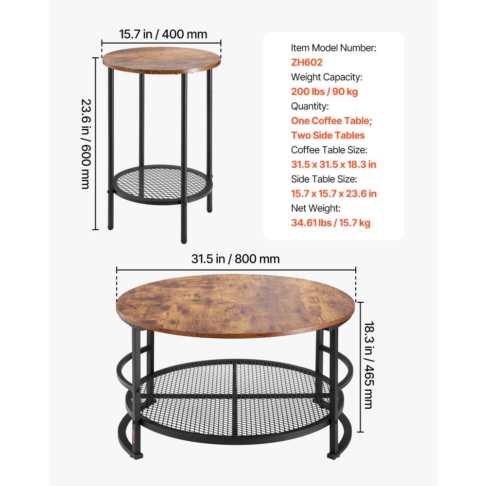 VEVOR 3-delers runde salongbordsett, 80 cm industrielt stuebord med 2 sidebord, enkle monteringsbare salong- og sidebordsett med metallben, for kontor, stue og leilighet