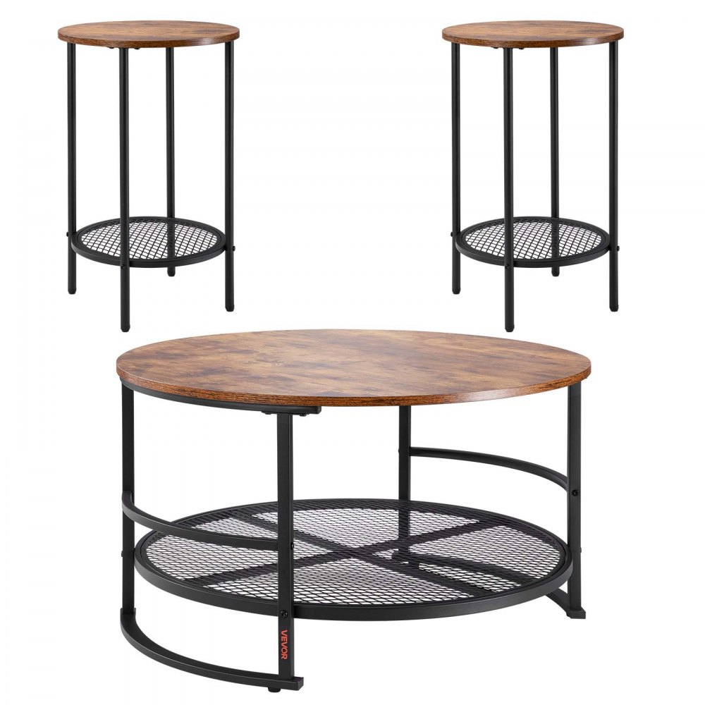 VEVOR 3-delers runde salongbordsett, 80 cm industrielt stuebord med 2 sidebord, enkle monteringsbare salong- og sidebordsett med metallben, for kontor, stue og leilighet