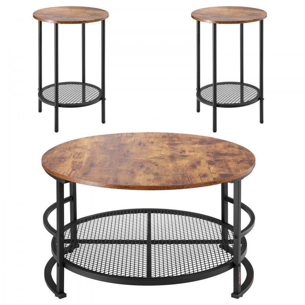 VEVOR 3-delers runde salongbordsett, 80 cm industrielt stuebord med 2 sidebord, enkle monteringsbare salong- og sidebordsett med metallben, for kontor, stue og leilighet