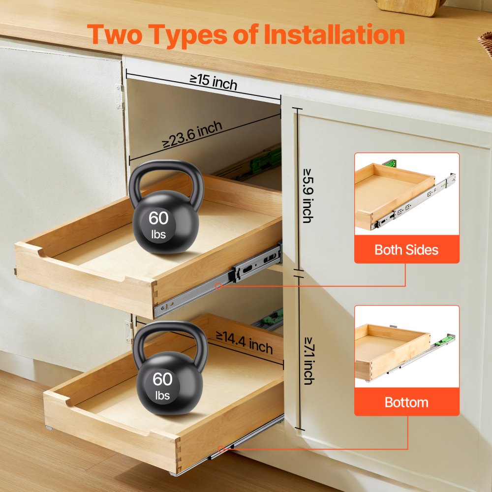 VEVOR Uttrekkbar Skaporganisator, 14" B x 21" D Skapskuff, Myklukkende Uttrekkbar Hylle, Kraftig Treskuff, Bunn- og Sidemontering Underskaporganisering For Kjøkken, Spiskammers, Bad
