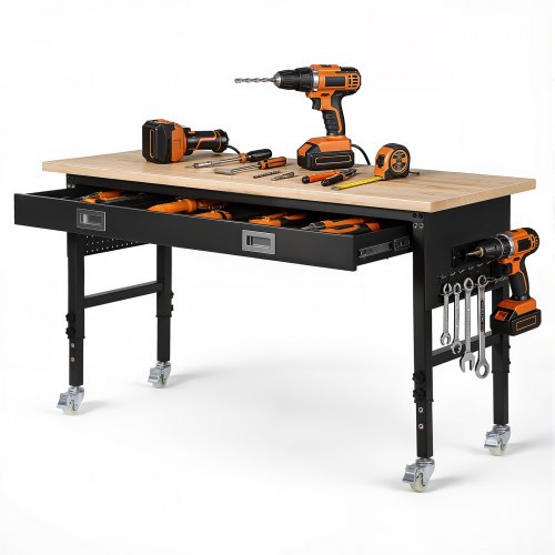 VEVOR 1524 mm justerbar arbeidsbenk, 680 kg lastekapasitet, garasjearbeidsbenk med skuff, stikkontakt, hjul og gripeplate, kraftig eiketre arbeidsbord for garasje, verksted, kontor og hjem