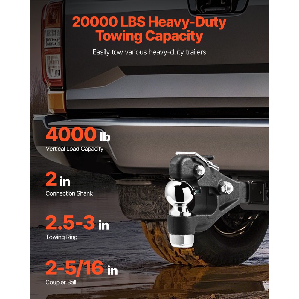 VEVOR Pintle Hook, 9000 kg, Pintle Hook-kobling for 2-tommers koblingskobling, militær mottaker, kombinasjon 2-5/16-tommers koblingskule, passer til 2,5 til 3-tommers Lunette-ring, 15,6-tommers lengde, svart pulverlakkering