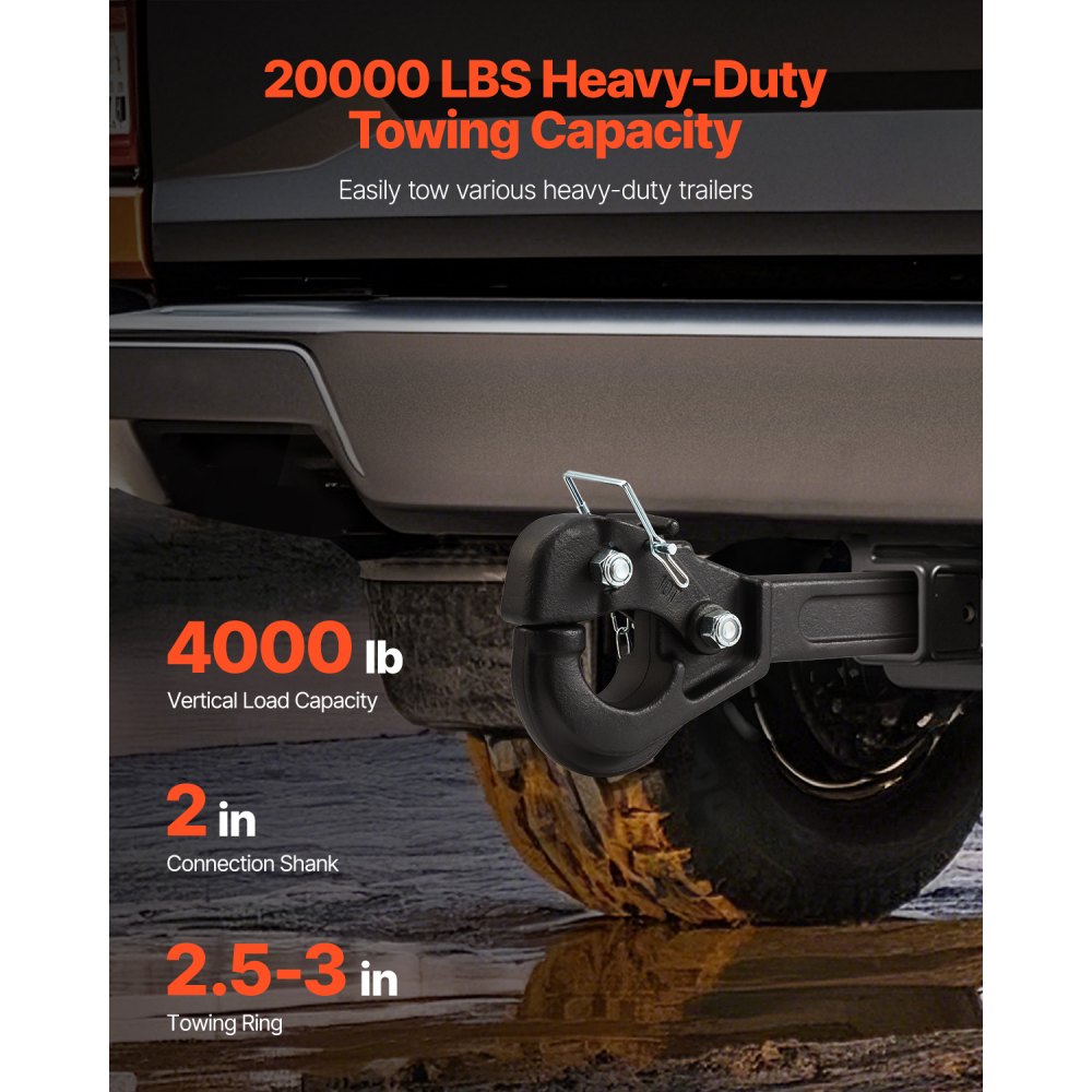 VEVOR Pintle Crok, 9000 kg slepekapasitet, Pintle Hitch Receiver for 2-tommers Hitch Crok Military Receiver, passer til 2,5 til 3-tommers Lunette Ring, 15,6-tommers lengde, svart pulverlakkering, for diverse tilhengere
