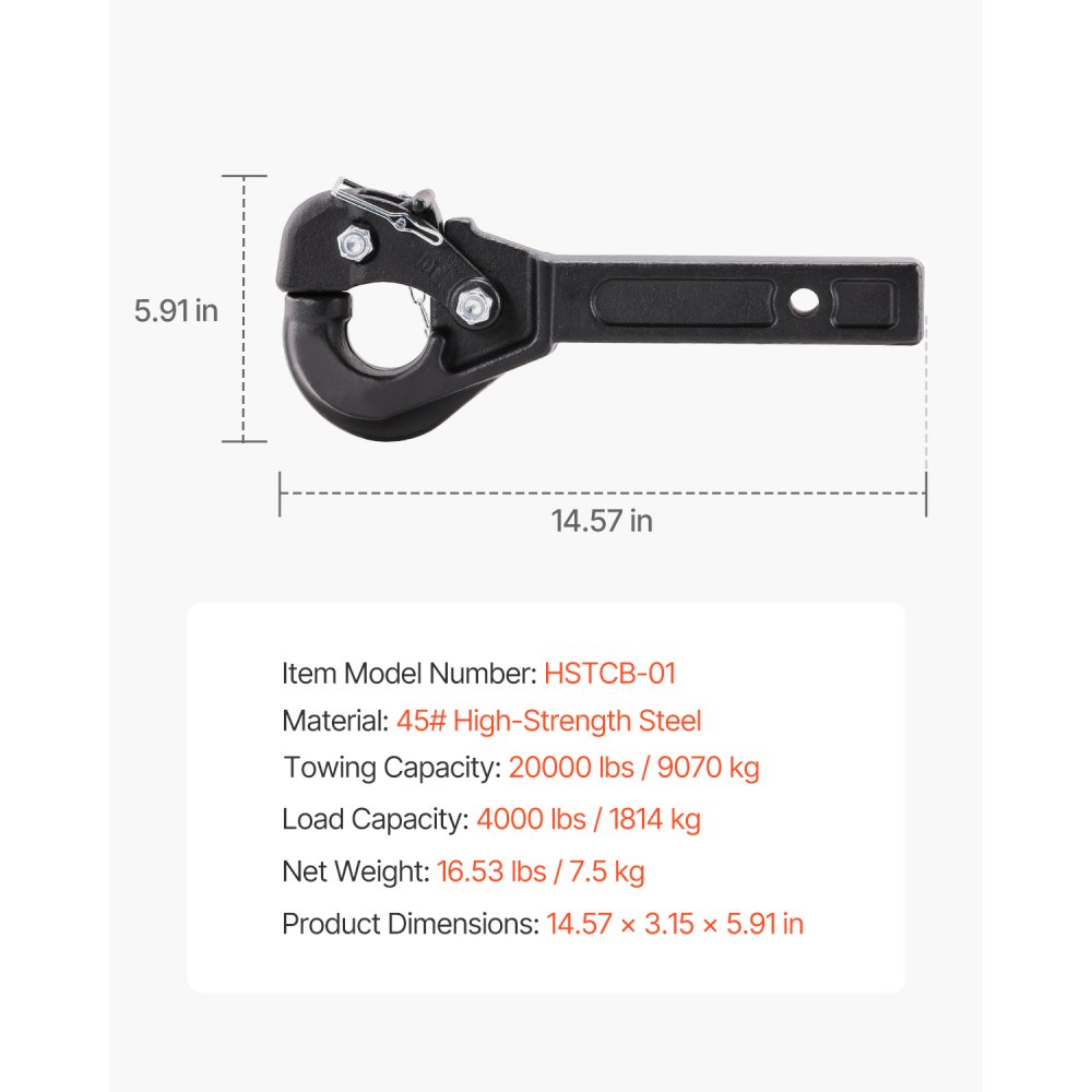 VEVOR Pintle Crok, 9000 kg slepekapasitet, Pintle Hitch Receiver for 2-tommers Hitch Crok Military Receiver, passer til 2,5 til 3-tommers Lunette Ring, 15,6-tommers lengde, svart pulverlakkering, for diverse tilhengere