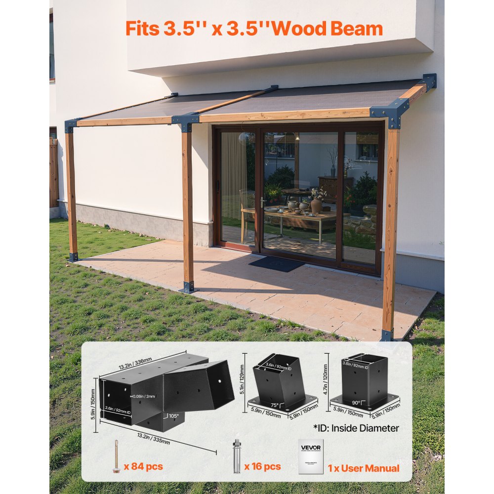 VEVOR Pergola-sett, 4x4 tommers 4-veis skrå brakett for 92 x 92 mm trebjelker i faktisk størrelse, pergolabrakett i karbonstål med stolpebase og veggfeste, for utendørs pergolaer, lysthus, skur