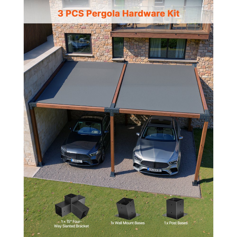 VEVOR Pergola-sett, 4x4 tommers 4-veis skrå brakett for 92 x 92 mm trebjelker i faktisk størrelse, pergolabrakett i karbonstål med stolpebase og veggfeste, for utendørs pergolaer, lysthus, skur