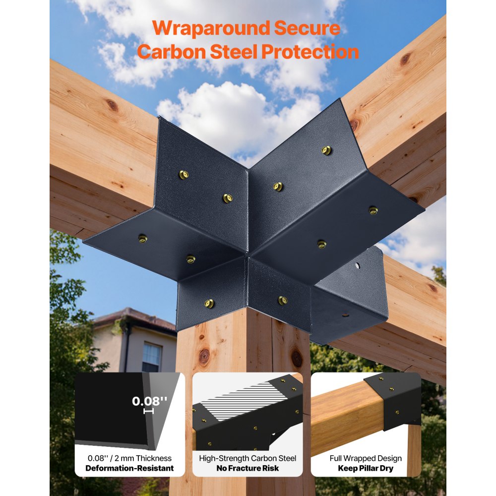 VEVOR Pergola-sett, 4x4 tommers 4-veis skrå brakett for 92 x 92 mm trebjelker i faktisk størrelse, pergolabrakett i karbonstål med stolpebase og veggfeste, for utendørs pergolaer, lysthus, skur