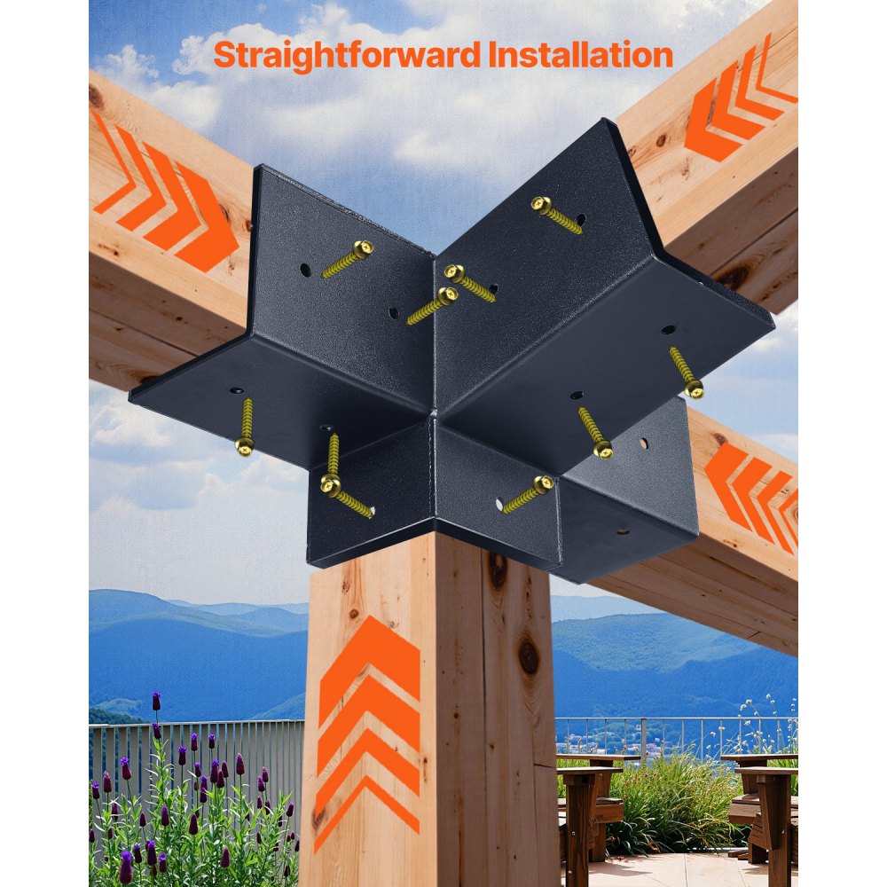 VEVOR Pergola-sett, 4x4 tommers 4-veis skrå brakett for 92 x 92 mm trebjelker i faktisk størrelse, pergolabrakett i karbonstål med stolpebase og veggfeste, for utendørs pergolaer, lysthus, skur