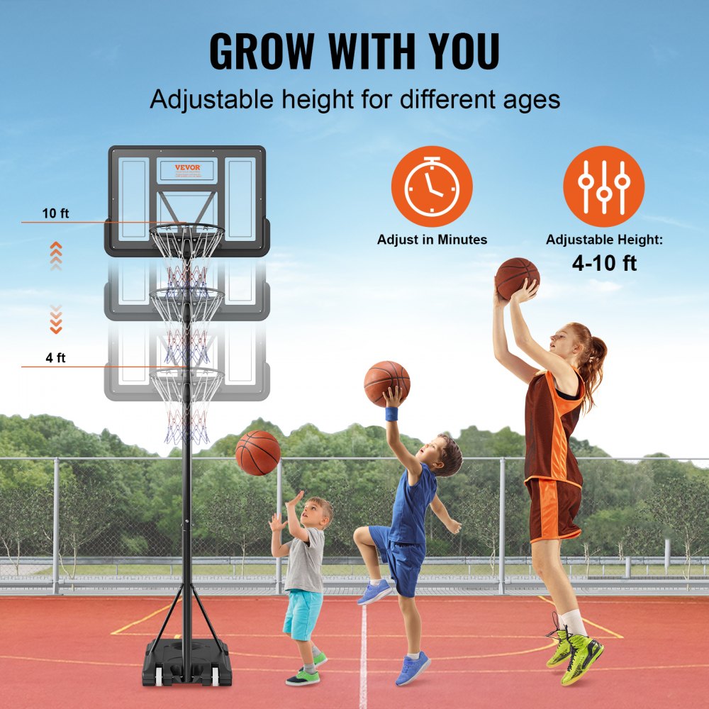VEVOR basketballkurv, 1,2-3 meter justerbar høyde, bærbart bakplatesystem, 102 cm basketballkurv og mål, basketballsett for barn og voksne med hjul, stativ og fyllbar base, for utendørs/innendørs