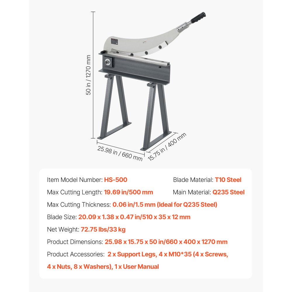 VEVOR Guillotine Shear, 500 mm Bed Width Benchtop Cutter, Manual Hand Plate Shear for Metal Sheet Processing, with Q235 Material, High Precision, Stand, for PCB, Aluminum, Steel, Copper, Plastic