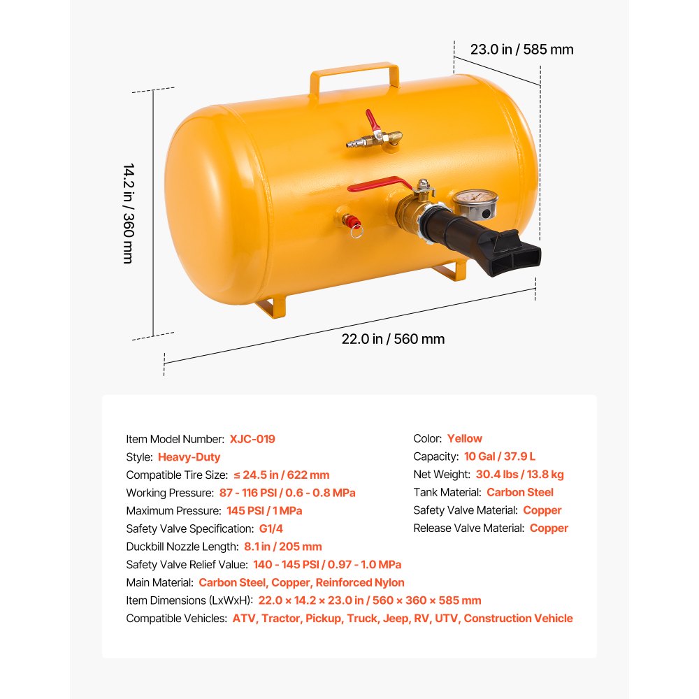 VEVOR luftdekkperleblåser, 10 gallon / 37,9 l, kraftig dekkperleblåserverktøy, 87–116 psi driftstrykk, luftavtrekker for setepumpe for ATV, traktor, pickup, lastebil, jeep, bobil, UTV, gul