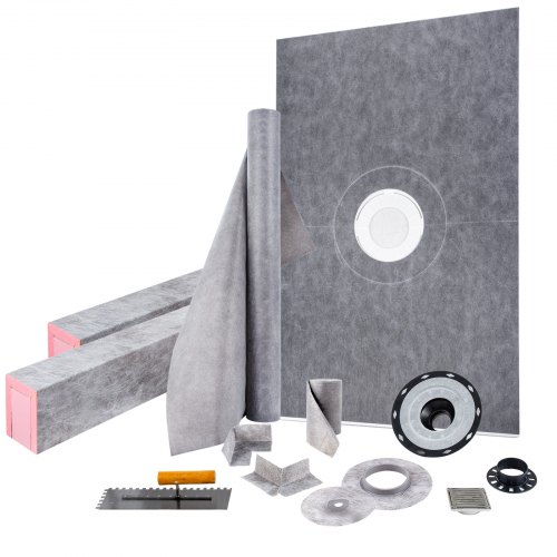 VEVOR dusjforkantsett, 48"x72" vanntett dusjforkant med 4" PVC sentral bindingsflens, 4" rist i rustfritt stål, 2 kuttbare dusjforkanter og sparkel, dusjskålens skrånende pinner passer til bad