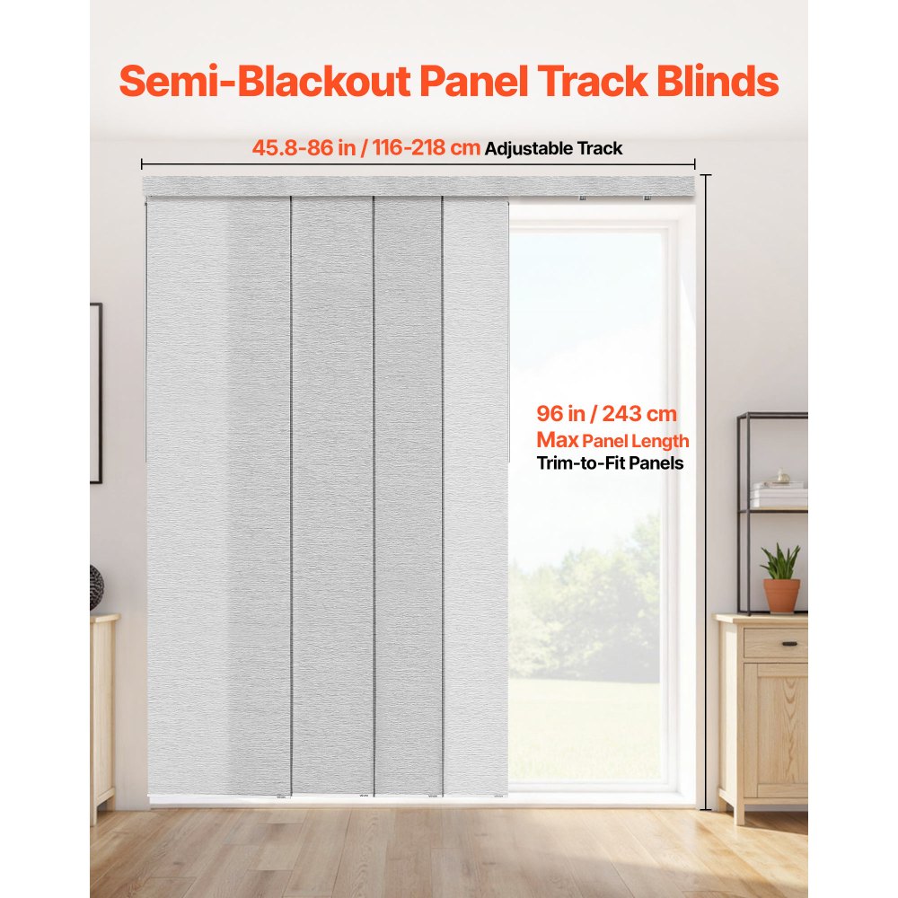 VEVOR Panelgardiner, Uttrekkbar skinne fra 116 cm til 218 cm B, Trimbare panelgardiner opptil 243 cm H, Justerbare vertikale panelgardiner for skyvedører, terrassedører, Romdeler, Vindu, Grå