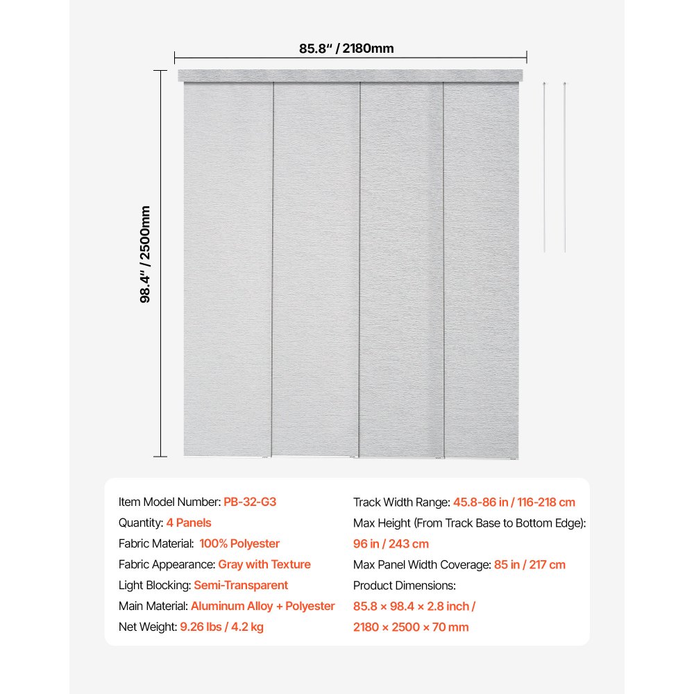 VEVOR Panelgardiner, Uttrekkbar skinne fra 116 cm til 218 cm B, Trimbare panelgardiner opptil 243 cm H, Justerbare vertikale panelgardiner for skyvedører, terrassedører, Romdeler, Vindu, Grå