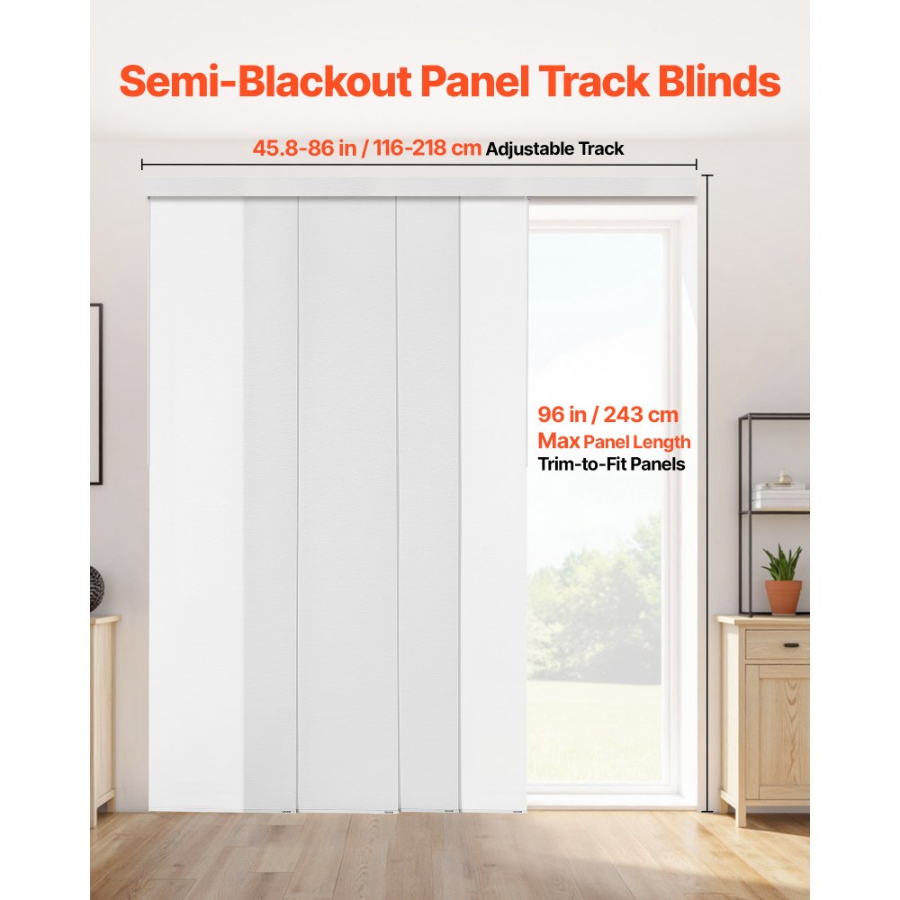 VEVOR Panelgardiner, Uttrekkbar skinne fra 116 cm til 218 cm B, Trimbare panelgardiner opptil 243 cm H, Justerbare vertikale panelgardiner for skyvedører, terrassedører, Romdeler, Vindu, Hvit