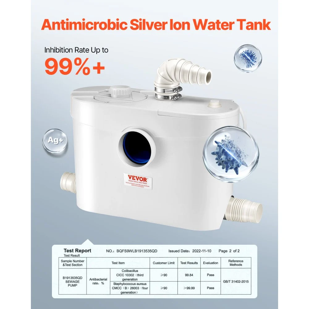 VEVOR Maceratorpumpe, 900 W, 180 l/min (48 GPM) strømning, 40 fot/12 m trykkhøyde, macerator kloakktoalettpumpe med 4 vanninntak, spillvannsavfallsmaskin for toalett, kjeller, dusj, vask, vaskerom, badekar