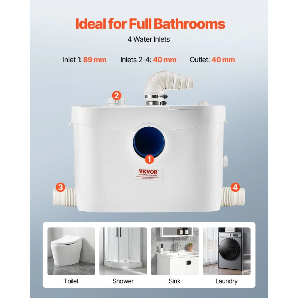 VEVOR Maceratorpumpe, 900 W, 180 l/min (48 GPM) strømning, 40 fot/12 m trykkhøyde, macerator kloakktoalettpumpe med 4 vanninntak, spillvannsavfallsmaskin for toalett, kjeller, dusj, vask, vaskerom, badekar