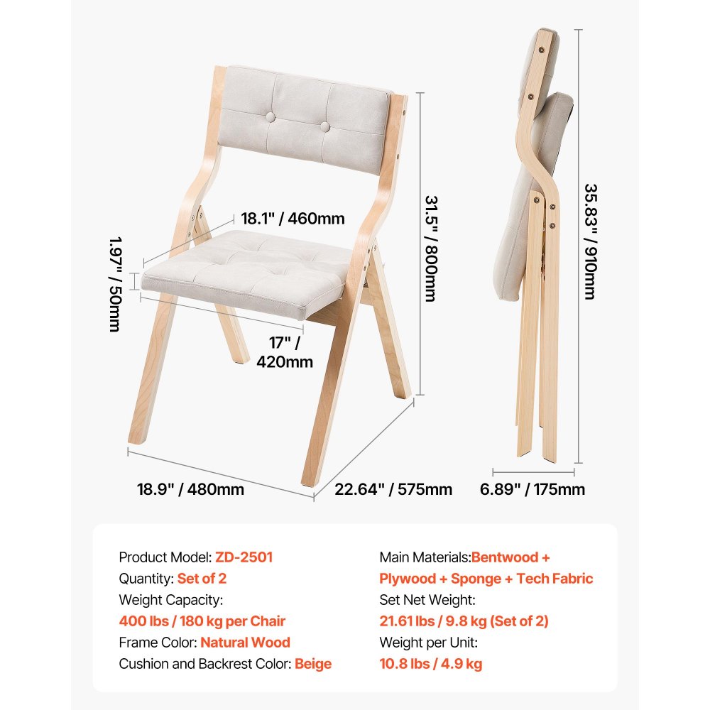 VEVOR Treklappstoler med pute, sett med 2, Bærbar sammenleggbar putestol med treramme, Moderne polstret spisestuestol for kjøkken, kontor, bryllup, fest, spisestue, Enkel montering, Beige