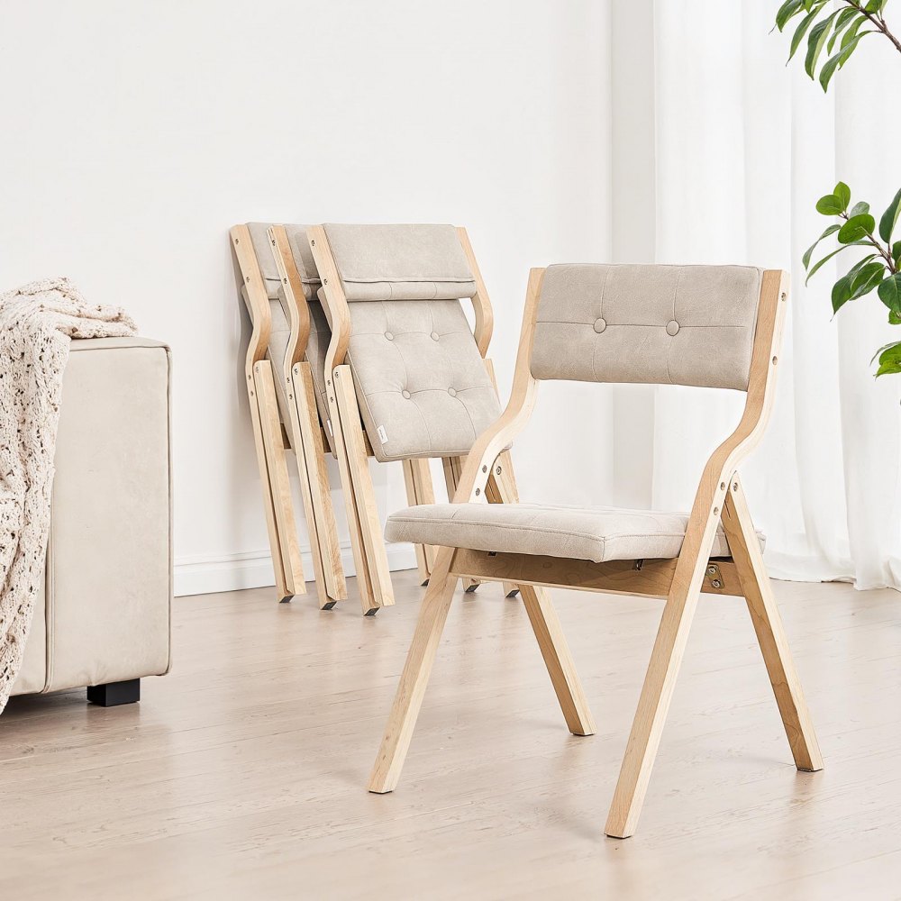 VEVOR Treklappstoler med pute, sett med 2, Bærbar sammenleggbar putestol med treramme, Moderne polstret spisestuestol for kjøkken, kontor, bryllup, fest, spisestue, Enkel montering, Beige