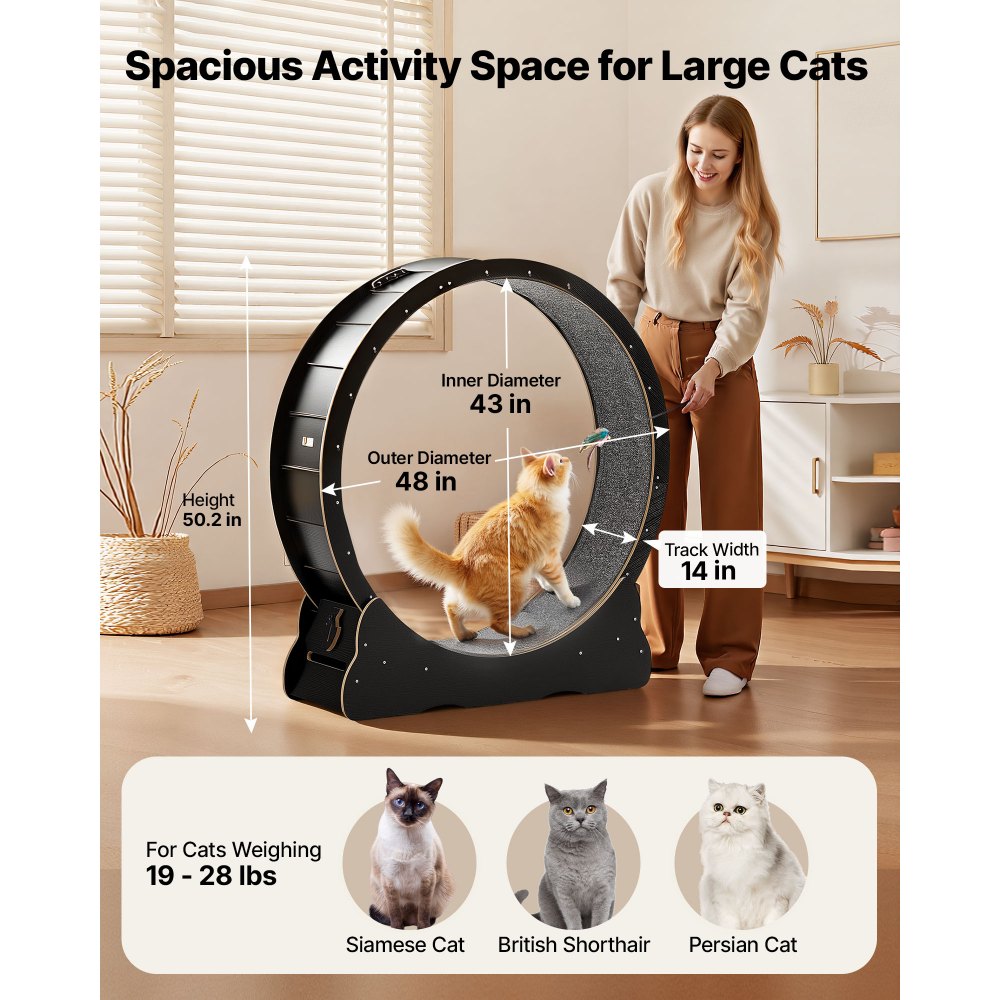 VEVOR Trehjul for Katt, 120 cm Løpehjul i Tre for Innekatter opptil 12,7 kg, Tredemølle for Katter med Teppebelagt Løpebane og Låsemekanisme, Stille Sportsleker for Katter, Fitness, Svart