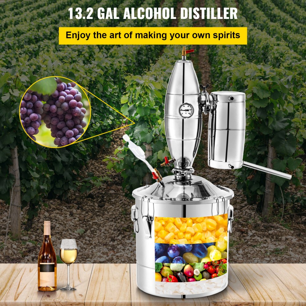 VEVOR Vinkjele Rustfritt Stål Vann Alkohol Destilleri 13,2 Gallon Alkohol Still 50L Whisky Destilleri Kit Hjemmebrent Still med Termometer og Gjæringstank for Alkohol Destillering