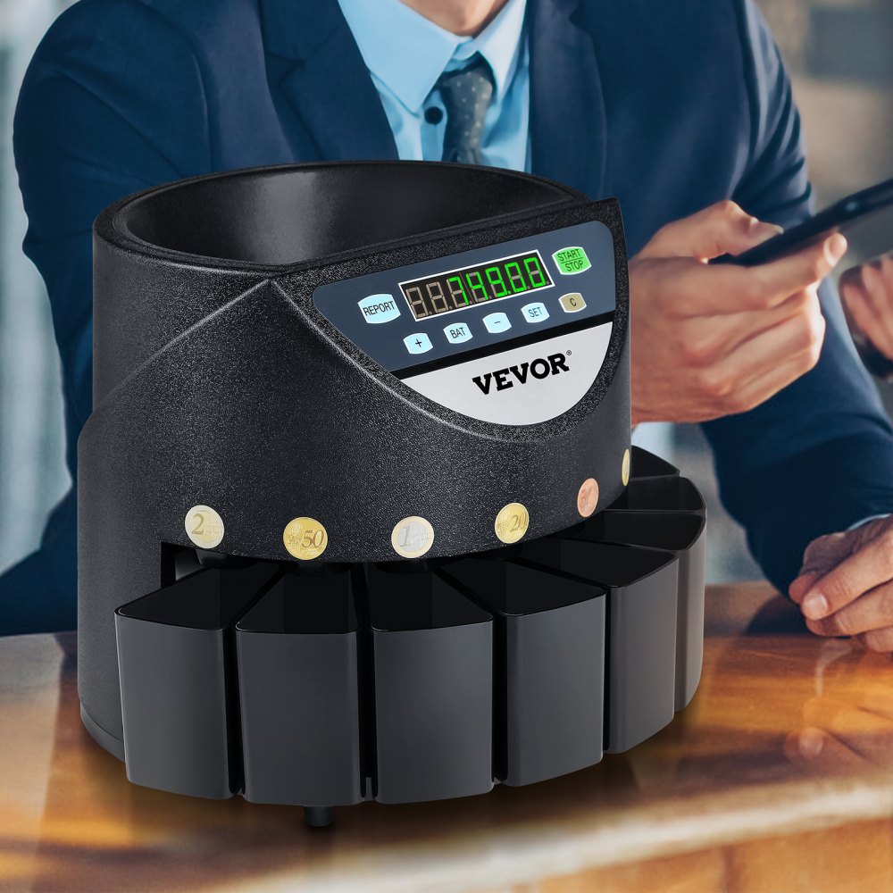 VEVOR Euro Coin Counter Sorter 500-1000 Coins Electronic Automatic EUR Coin Counting Machine 300 Coins Per Minute with 8 Coin Drawers for School Shop Bank