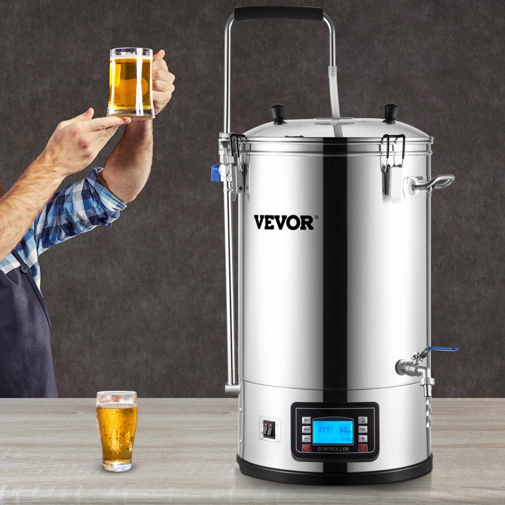 VEVOR elektrisk bryggesystem, 8 gallon/30 l, alt-i-ett hjemmebrygger med automatisk/manuell moduspanel, meskekoker med 100–2500 W effekt, 25–100 ℃ temperatur, 1–180 min timer, sirkulasjonspumpe, oppskriftsminne, 2