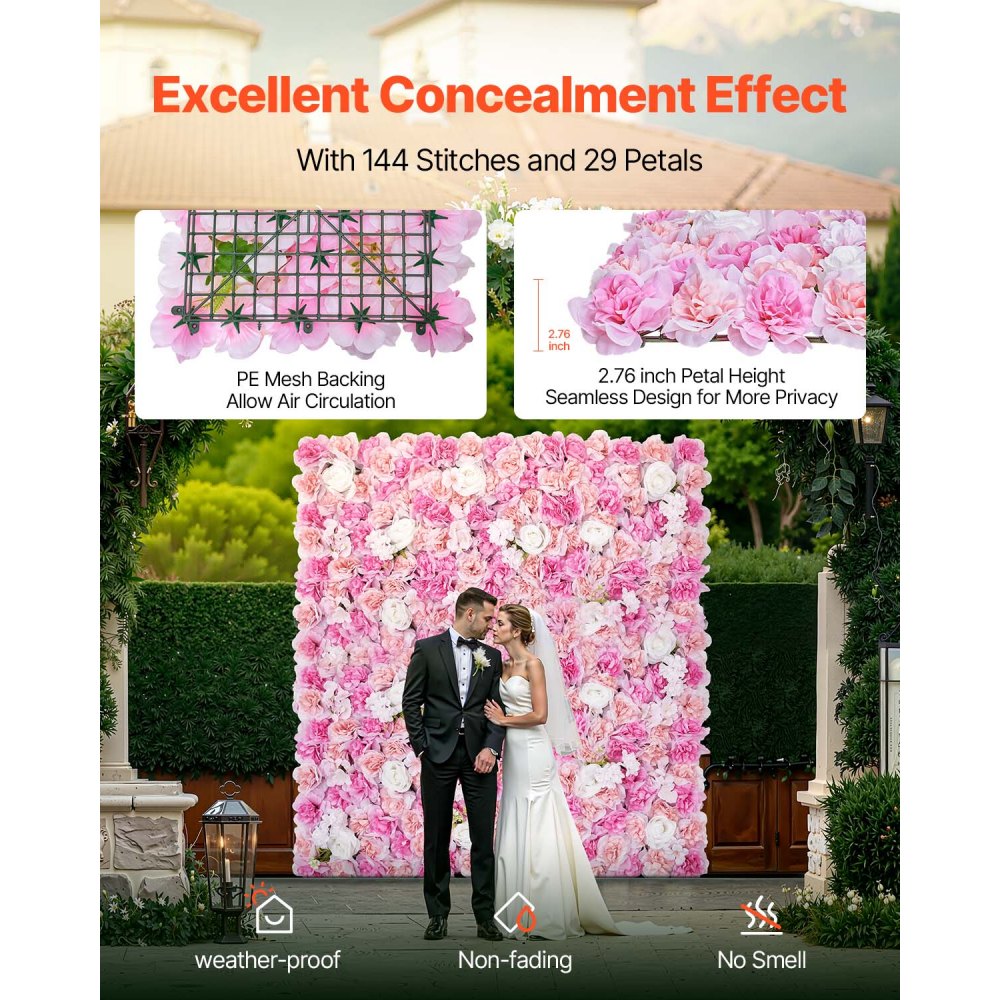 VEVOR 3D-blomsterveggpanel, 12 stk. 15 x 15 tommer, kunstig blomsterveggbakgrunnsnettmatte, sømløs design og enkel installasjon for bryllup, valentinsdag, hjem, babyfest, bakgrunnsdekor, rosa