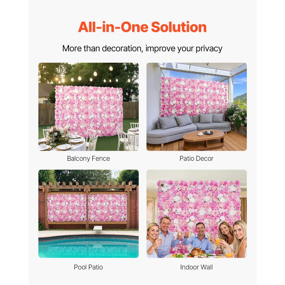VEVOR 3D-blomsterveggpanel, 12 stk. 15 x 15 tommer, kunstig blomsterveggbakgrunnsnettmatte, sømløs design og enkel installasjon for bryllup, valentinsdag, hjem, babyfest, bakgrunnsdekor, rosa