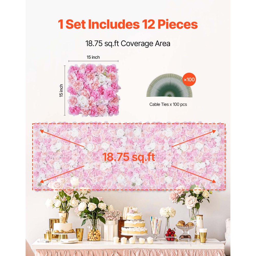 VEVOR 3D-blomsterveggpanel, 12 stk. 15 x 15 tommer, kunstig blomsterveggbakgrunnsnettmatte, sømløs design og enkel installasjon for bryllup, valentinsdag, hjem, babyfest, bakgrunnsdekor, rosa