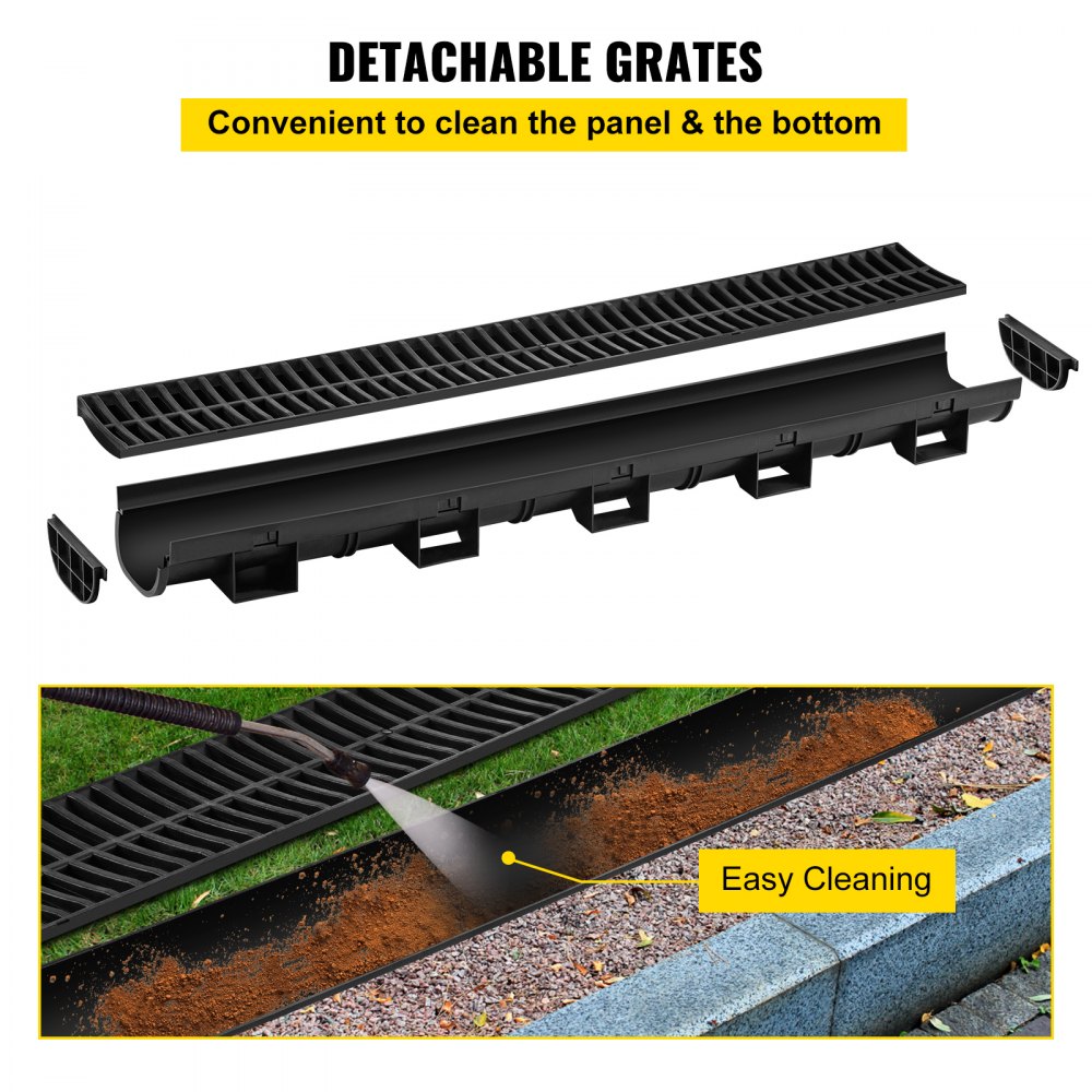 VEVOR grøfteavløpssystem, renneavløp med plastrist, 145x79 mm HDPE dreneringsgrøft, svart garasjegulvsluk i plast, 3x39 grøfteavløpsrist, med 3 endestykker, for hage, innkjørsel - 3-pakning