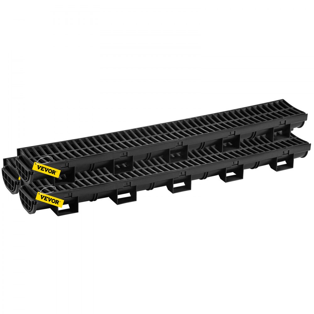 VEVOR grøfteavløpssystem, renneavløp med plastrist, 145x79 mm HDPE dreneringsgrøft, svart garasjegulvsluk i plast, 3x39 grøfteavløpsrist, med 3 endestykker, for hage, innkjørsel - 3-pakning