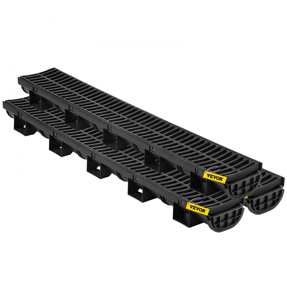 VEVOR grøfteavløpssystem, renneavløp med plastrist, 145x79 mm HDPE dreneringsgrøft, svart garasjegulvsluk i plast, 3x39 grøfteavløpsrist, med 3 endestykker, for hage, innkjørsel - 3-pakning