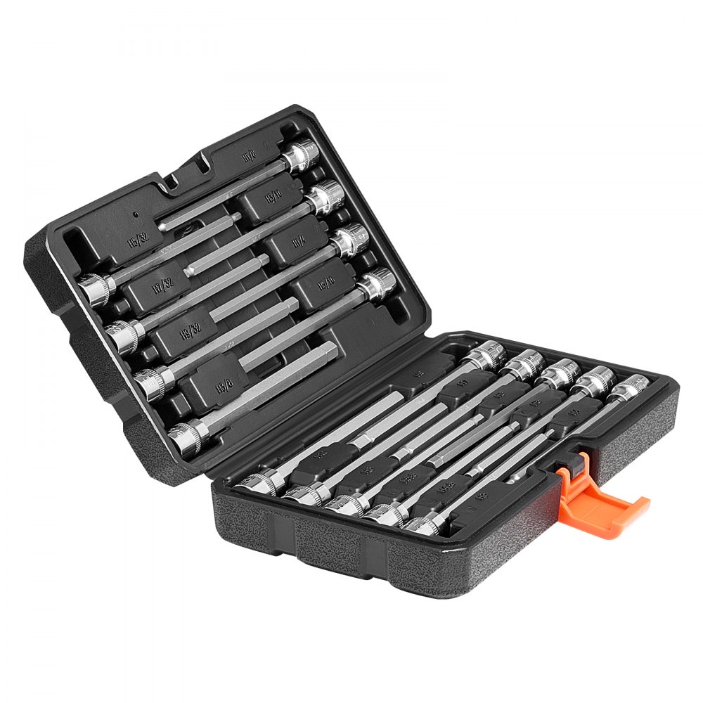 VEVOR ekstra langt unbrakosett med sekskant, 18 deler, 3/8 tommers drev, S2-legert stål og Cr-V-stål, standard SAE og metrisk 1/8-tommer-3/8-tommer, 3-12 mm, med forbedret oppbevaringsetui, for mekanikere