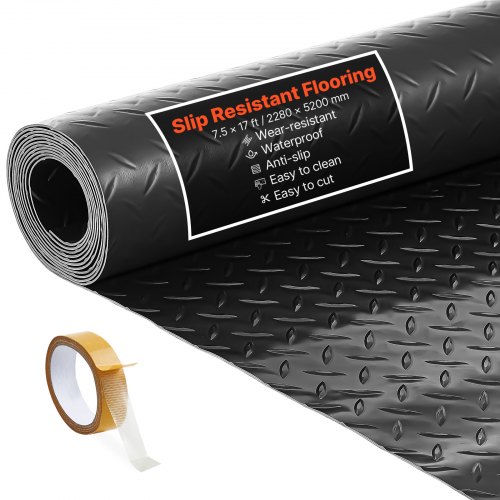 VEVOR garasjegulvrull, 2,28 x 5,2 m garasjegulvmatte, 2,2 mm fortykket PVC-diamantplate gulvbeskyttelsesmatte med dobbeltsidig tape, sklisikker, enkel å rengjøre for lager, treningssentre, tilhenger, svart