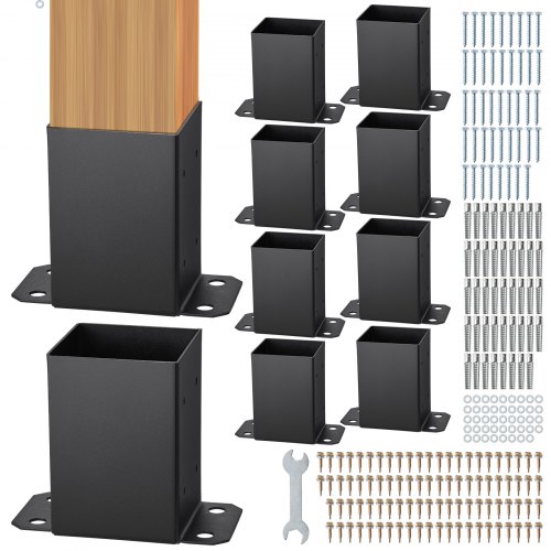 VEVOR 101,6x101,6 mm stolpebase 10 stk., innvendig størrelse 91x91 stolpebasebraketter, kraftig pulverlakkert stolpeanker matt svart trestolpebraketter for paviljongterrasse rekkverk støtte terrassebunnplate