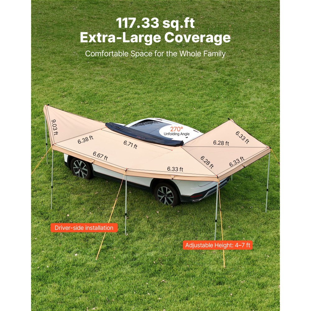 VEVOR 270 graders markise med innebygde LED-lys, 10,9 ㎡ markise for førersiden, vanntett UV50+ bilmarkise, allværs frittstående markiser, billy for SUV-camping med lastebil