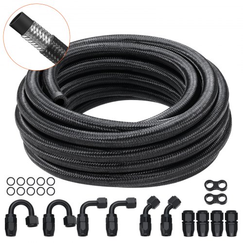 VEVOR 6AN drivstoffledningssett, 20 fot drivstoffslangesett, 0,34" nylon rustfritt stålflettet drivstoffledning olje/gass/dieselslange endekoblingssett, med 12 deler svingbar koblingsadaptersett, svart