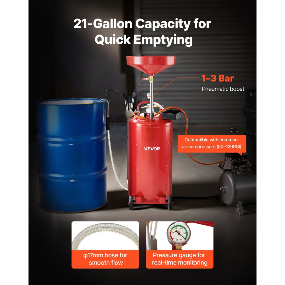 VEVOR 79.5L Waste Oil Drain Tank, Air Operated Portable Oil Drainer with Adjustable Funnel Height, Industrial Fluid Drain Tank with Wheels, Fluid Fuel Transfer Drainage for Auto Repair Shops, Red