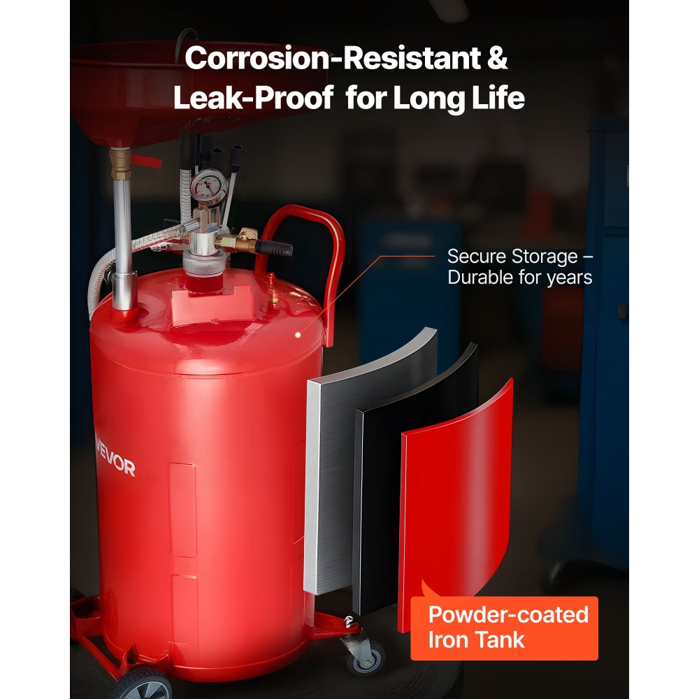 VEVOR 79.5L Waste Oil Drain Tank, Air Operated Portable Oil Drainer with Adjustable Funnel Height, Industrial Fluid Drain Tank with Wheels, Fluid Fuel Transfer Drainage for Auto Repair Shops, Red