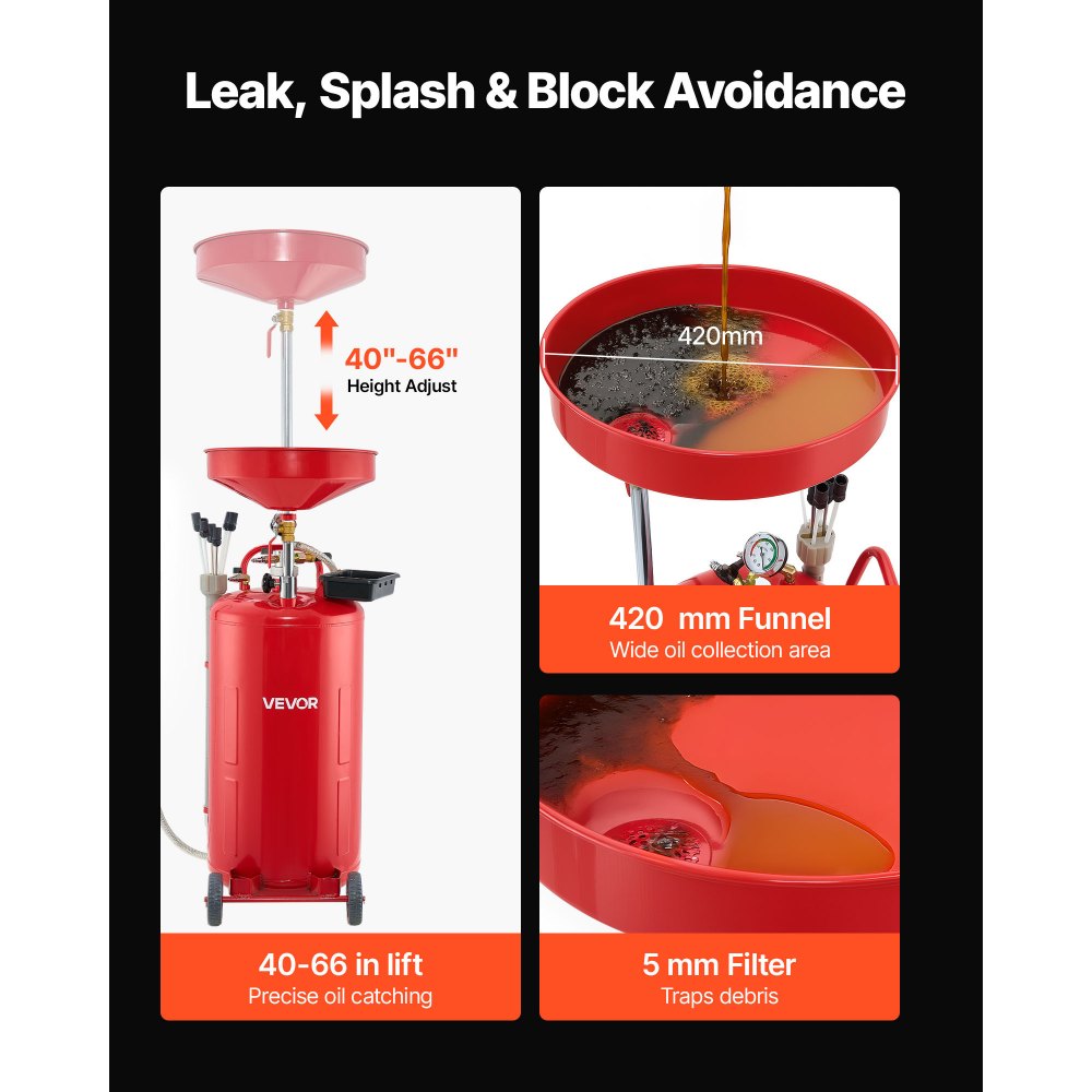 VEVOR 79.5L Waste Oil Drain Tank, Air Operated Portable Oil Drainer with Adjustable Funnel Height, Industrial Fluid Drain Tank with Wheels, Fluid Fuel Transfer Drainage for Auto Repair Shops, Red
