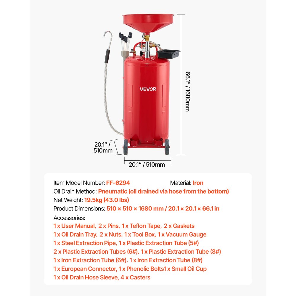 VEVOR 79.5L Waste Oil Drain Tank, Air Operated Portable Oil Drainer with Adjustable Funnel Height, Industrial Fluid Drain Tank with Wheels, Fluid Fuel Transfer Drainage for Auto Repair Shops, Red