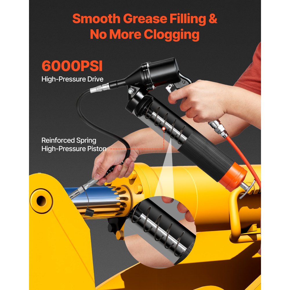 VEVOR Grease Gun, 6000 PSI High Pressure, Heavy Duty Pistol Grip Grease Gun Kit with 0.4 L Capacity, Includes 45.7 cm Flex Hose, 1 Extension Rigid Pipe and 2 Flat Nozzles for Automotive, Marine